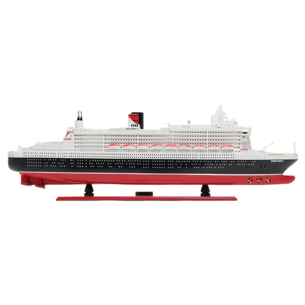 13" Black and Red RMS Queen Mary II Large Boat Hand Painted Decorative Boat. Home product isolated on a plain white background, in a red finish.