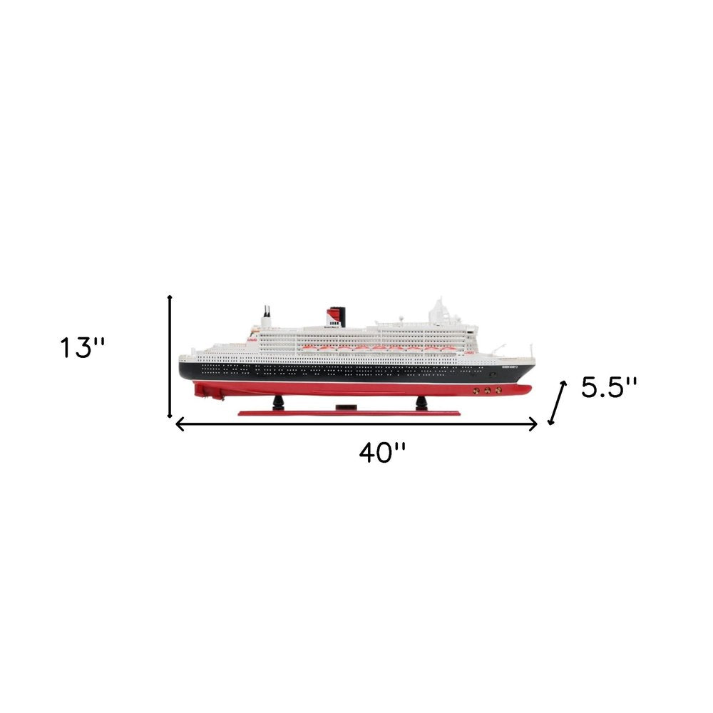 13" Black and Red RMS Queen Mary II Large Boat Hand Painted Decorative Boat. Home product isolated on a plain white background.