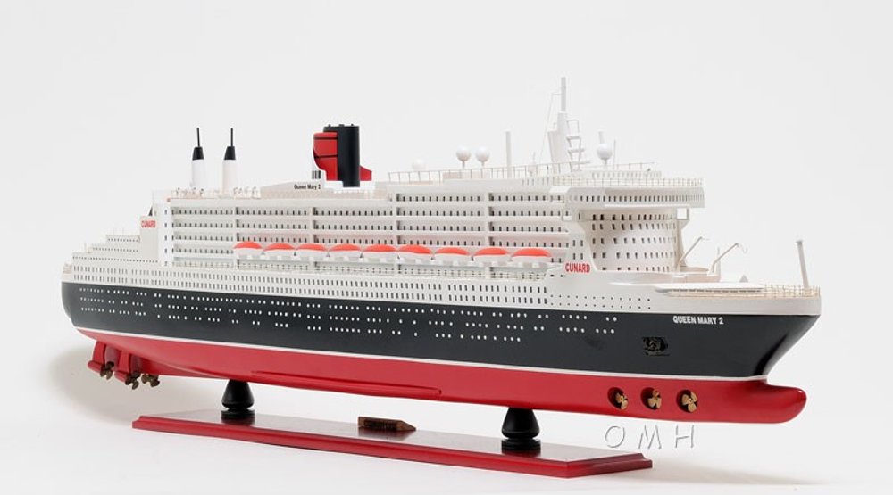 13" Black and Red RMS Queen Mary II Large Boat Hand Painted Decorative Boat. Home product isolated on a plain white background, showing its black color.