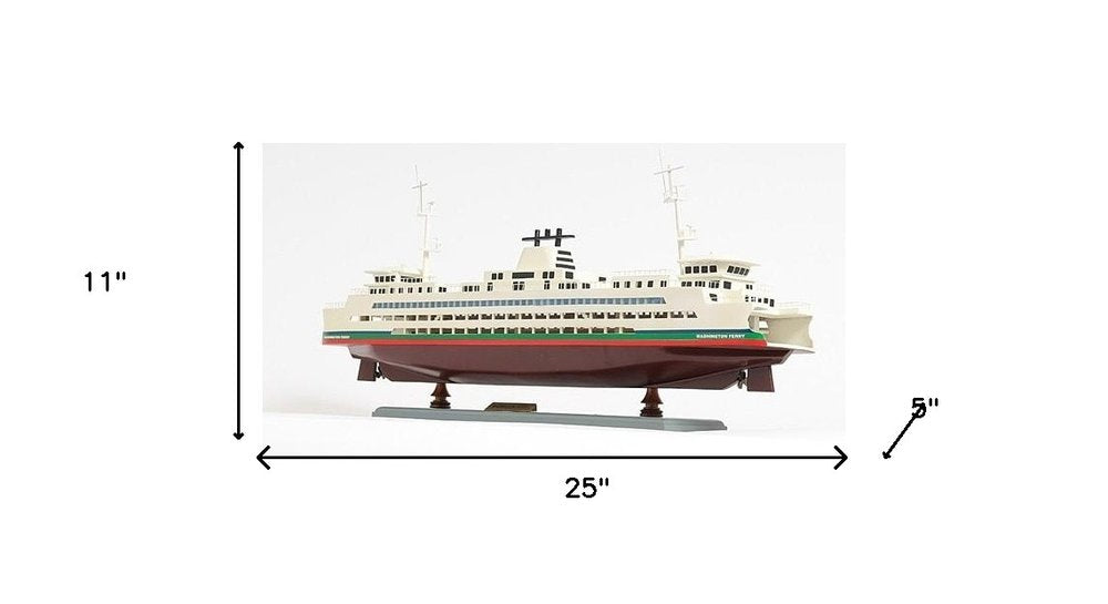 11" Brown and White Washington Ferry Boat Hand Painted Decorative Boat. Home product isolated on a plain white background, showing its white color.
