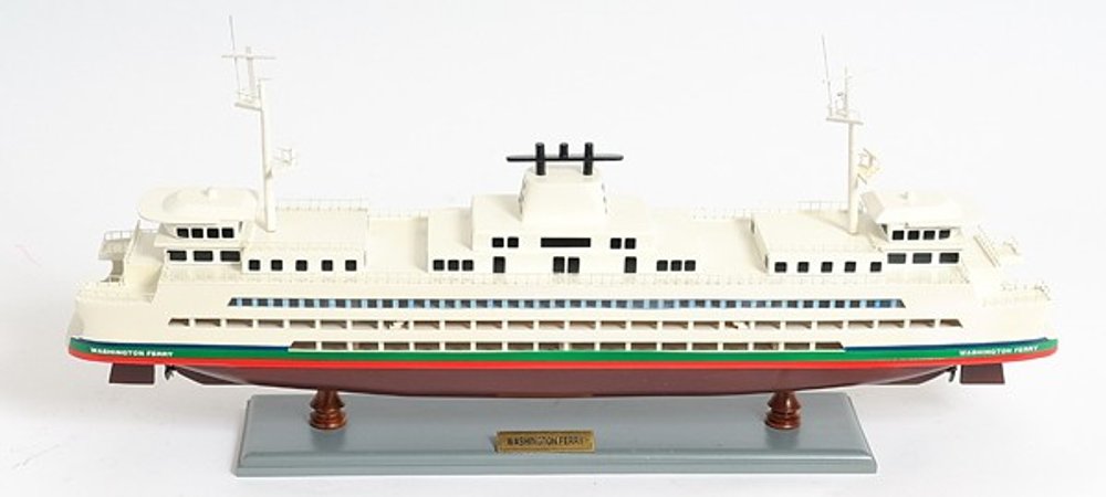 11" Brown and White Washington Ferry Boat Hand Painted Decorative Boat. Home product isolated on a plain white background, in a white finish.