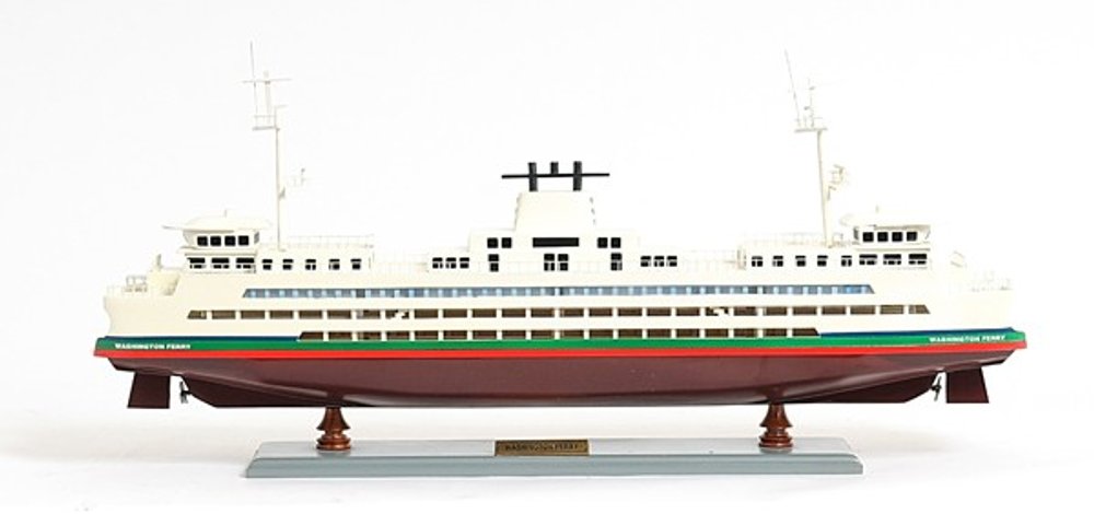 11" Brown and White Washington Ferry Boat Hand Painted Decorative Boat. Home product isolated on a plain white background, in a white finish.