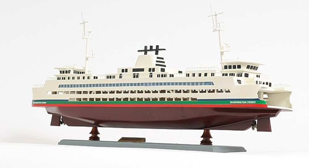 11" Brown and White Washington Ferry Boat Hand Painted Decorative Boat. Home product isolated on a plain white background, showing its white color.