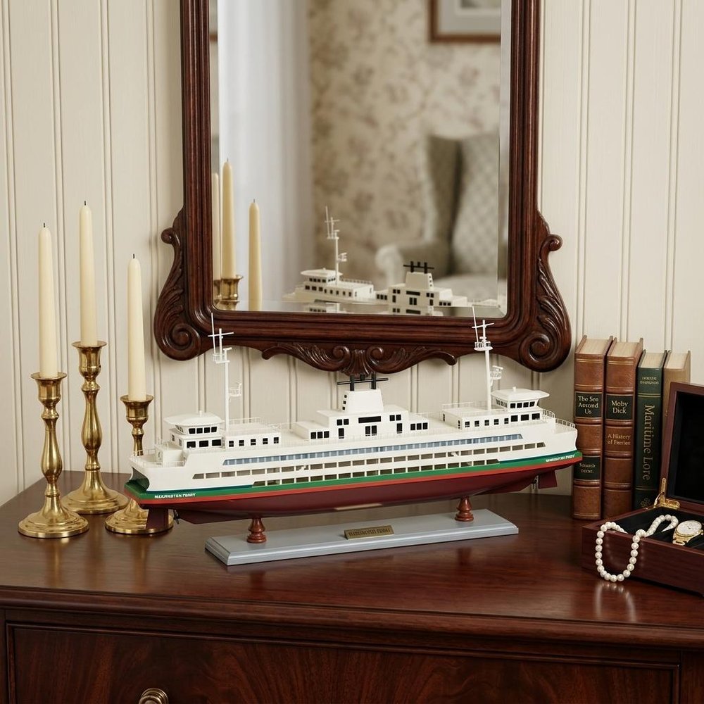 11" Brown and White Washington Ferry Boat Hand Painted Decorative Boat styled in a furnished interior with a cream wall on a black floor.