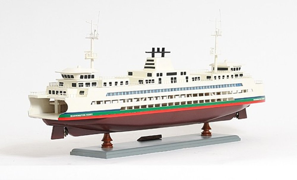 11" Brown and White Washington Ferry Boat Hand Painted Decorative Boat. Home product isolated on a plain white background, in a white finish.