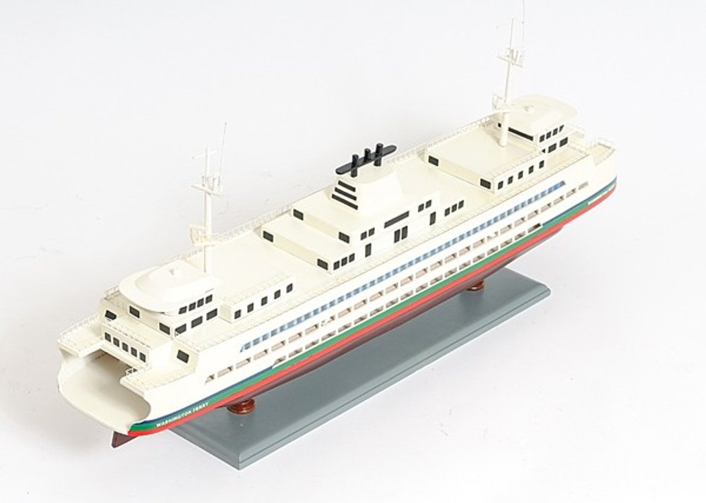 11" Brown and White Washington Ferry Boat Hand Painted Decorative Boat. Home product isolated on a plain white background, in a white finish.
