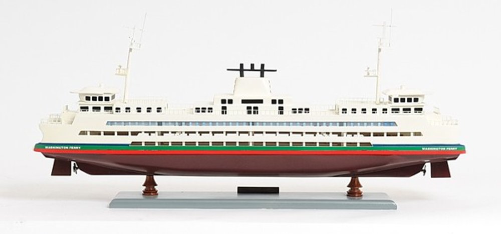 11" Brown and White Washington Ferry Boat Hand Painted Decorative Boat. Home product isolated on a plain white background, finished in white.