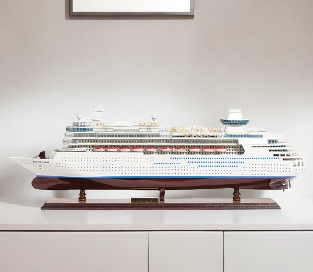 13" Brown and White Majesty of the Seas Boat Hand Painted Decorative Boat. Home product isolated on a plain white background, in a white finish.