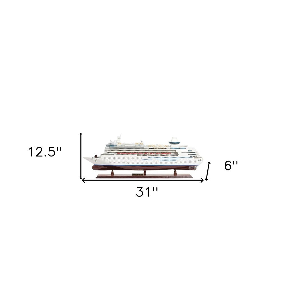 13" Brown and White Majesty of the Seas Boat Hand Painted Decorative Boat. Home product isolated on a plain white background, finished in white.