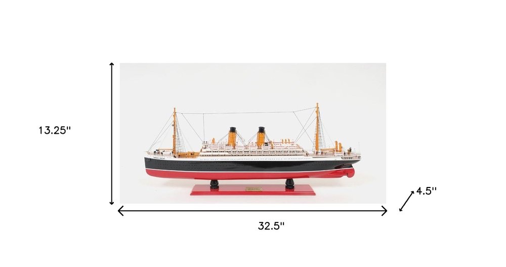 13" Black and Red Solid Wood Hand Painted RMS Empress of Ireland Model Boat. Home product isolated on a plain white background, finished in black wood.