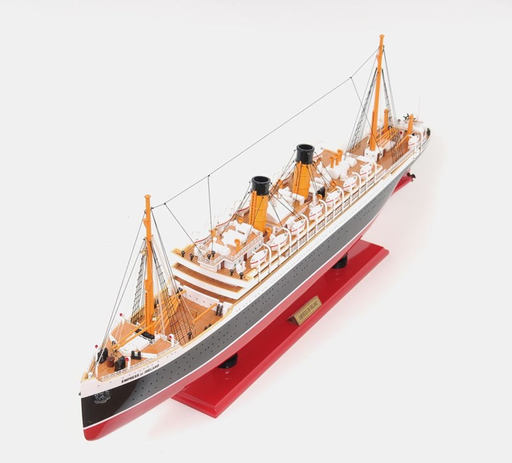13" Black and Red Solid Wood Hand Painted RMS Empress of Ireland Model Boat. Home product isolated on a plain white background, showing a wood surface.