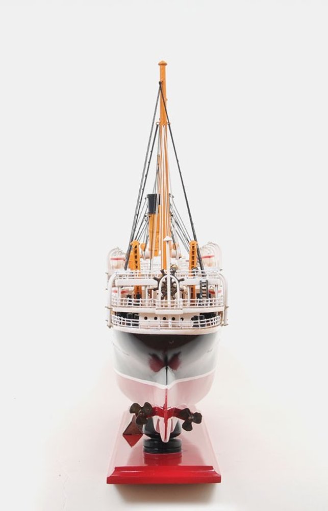 13" Black and Red Solid Wood Hand Painted RMS Empress of Ireland Model Boat. Home product isolated on a plain white background, showing a red wood surface.
