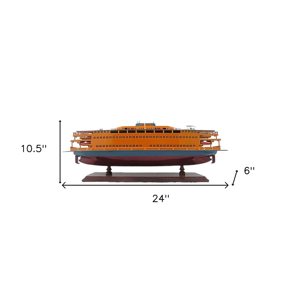 11" Maroon Staten Island Ferry Boat Hand Painted Decorative Boat. Home product isolated on a plain white background, finished in mahogany.