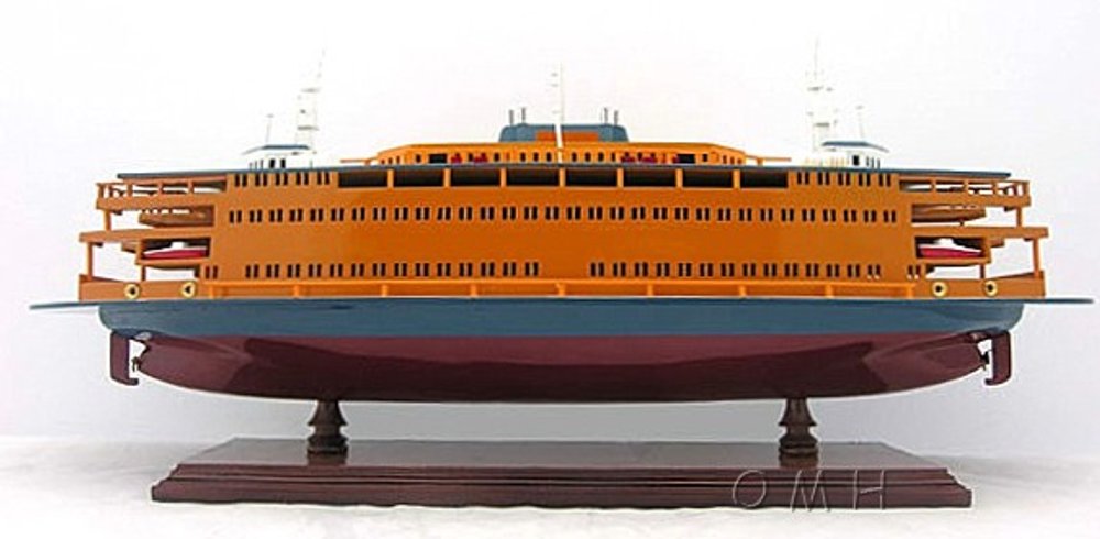 11" Maroon Staten Island Ferry Boat Hand Painted Decorative Boat. Home product isolated on a plain white background, showing its burgundy color.