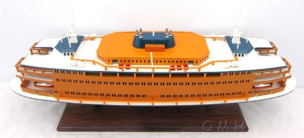 11" Maroon Staten Island Ferry Boat Hand Painted Decorative Boat. Home product isolated on a plain white background, in a orange finish.