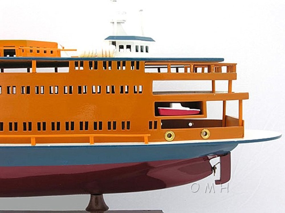 11" Maroon Staten Island Ferry Boat Hand Painted Decorative Boat. Home product isolated on a plain white background, in a orange finish.