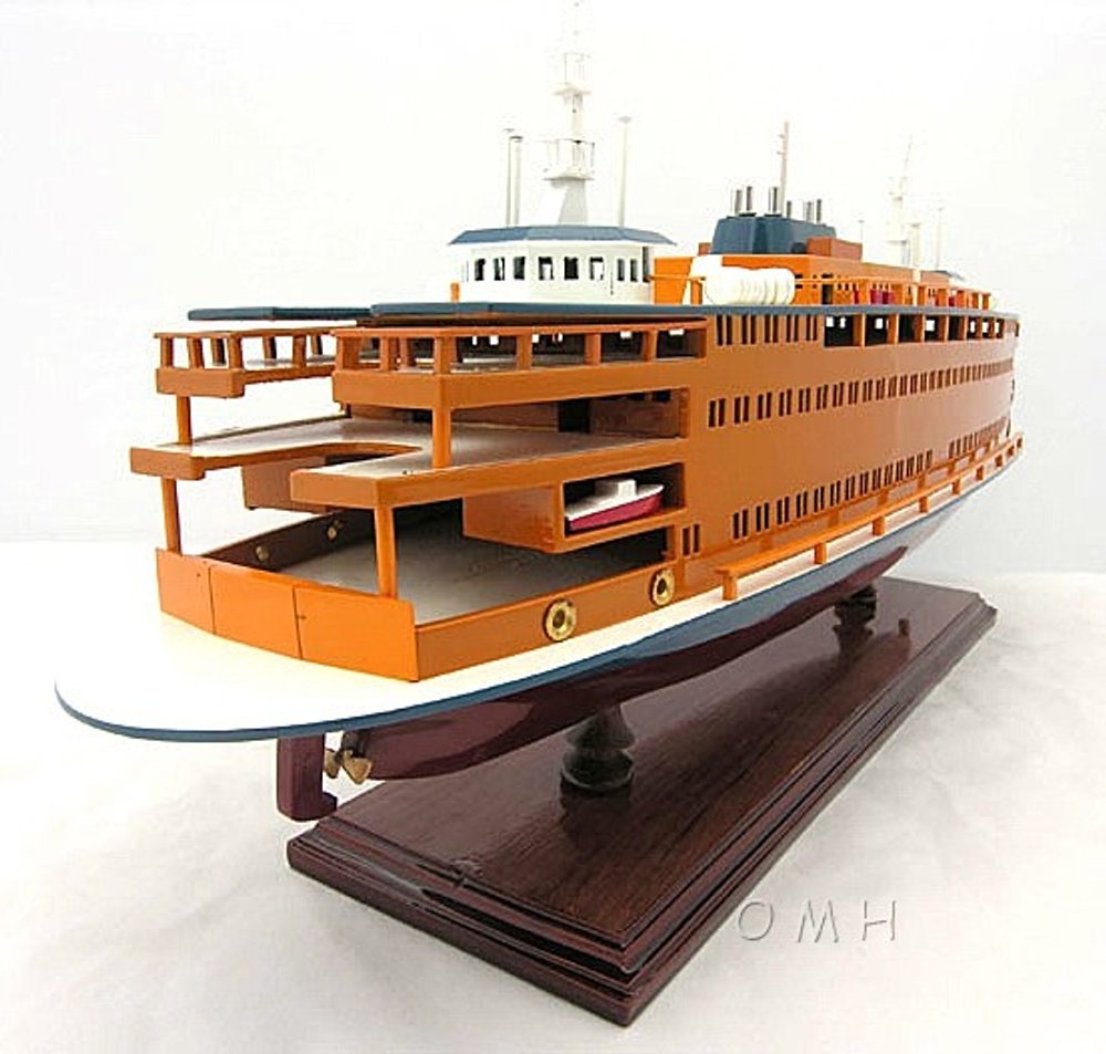 11" Maroon Staten Island Ferry Boat Hand Painted Decorative Boat. Home product isolated on a plain white background, in a burgundy finish.