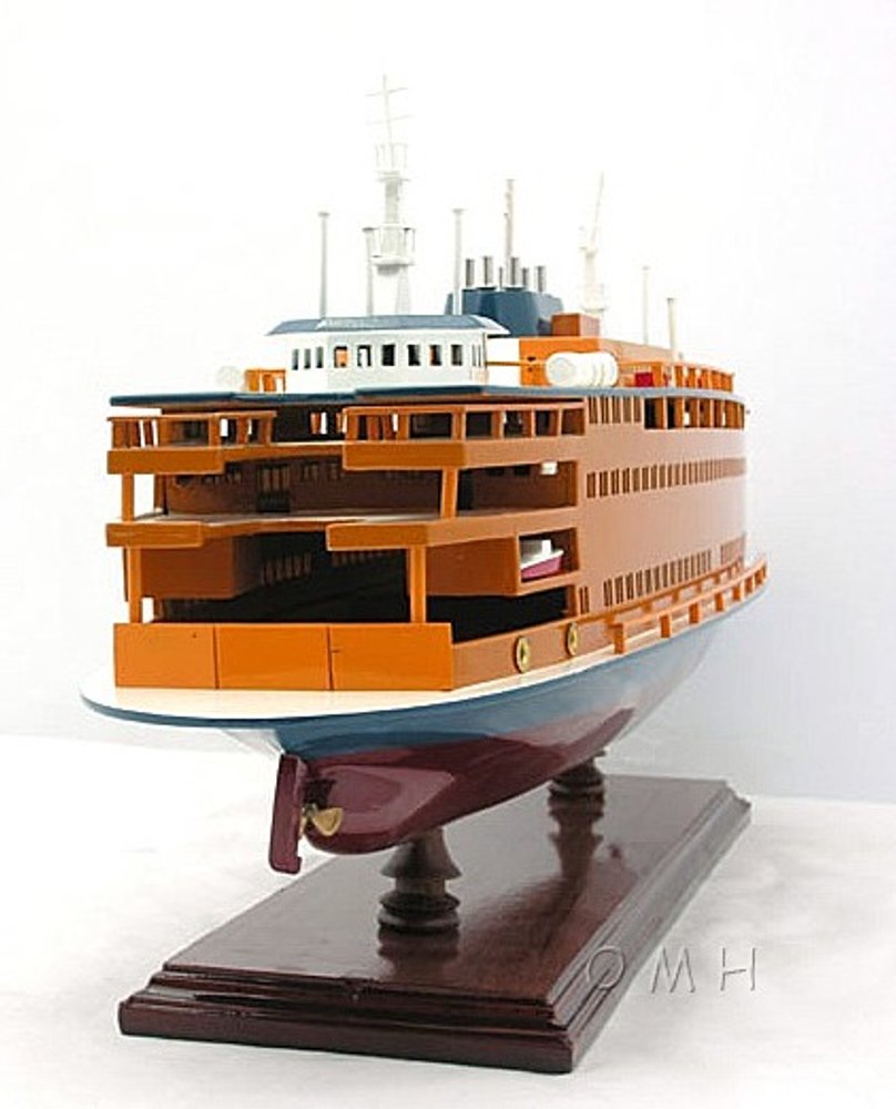 11" Maroon Staten Island Ferry Boat Hand Painted Decorative Boat. Home product isolated on a plain white background, finished in dark brown.