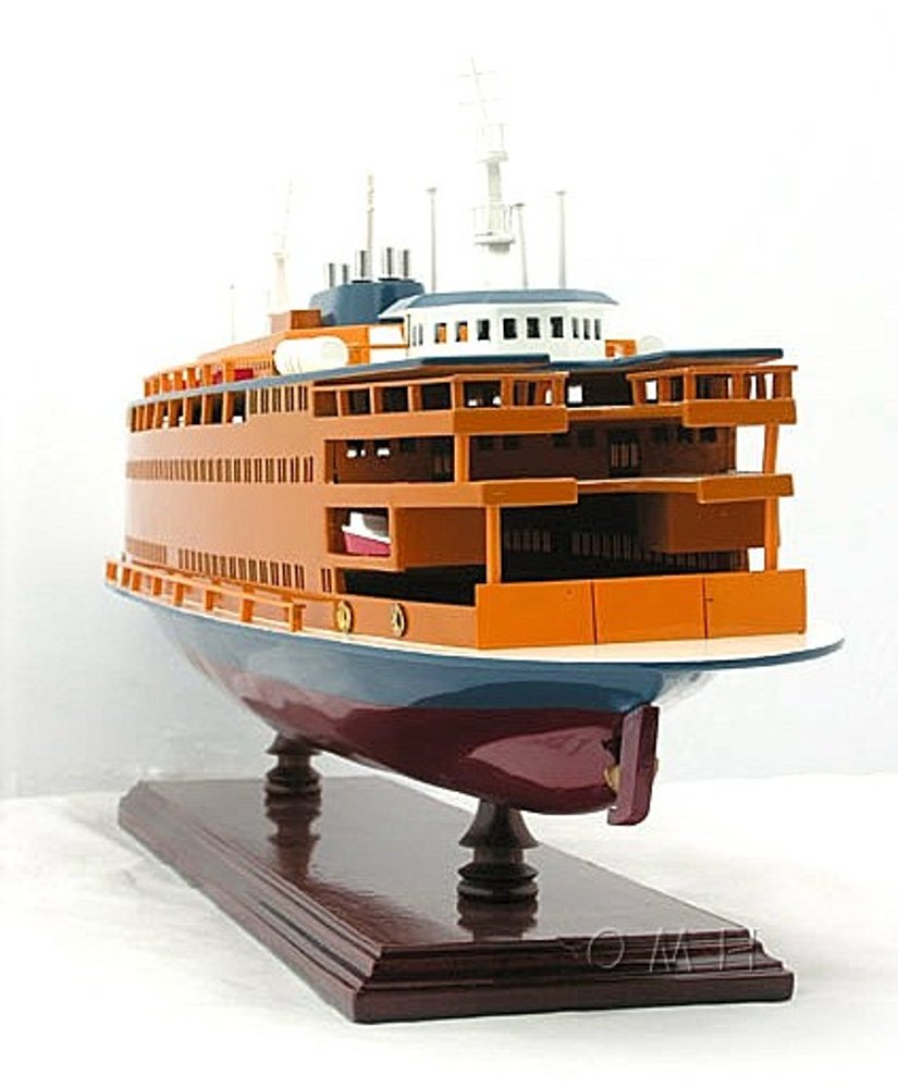 11" Maroon Staten Island Ferry Boat Hand Painted Decorative Boat. Home product isolated on a plain white background, showing its dark brown color.