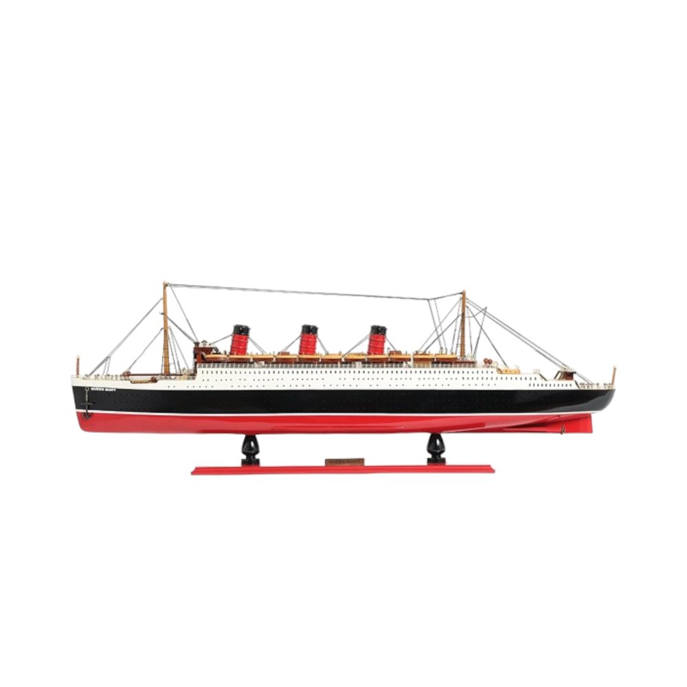 9" Black and Red Solid Wood Hand Painted SS United States 1952 Model Boat on a white background