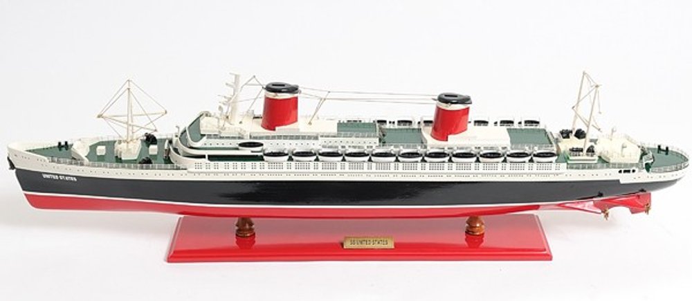 9" Black and Red Solid Wood Hand Painted SS United States 1952 Model Boat on a white background