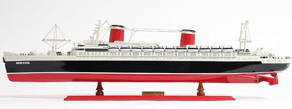 9" Black and Red Solid Wood Hand Painted SS United States 1952 Model Boat on a white background