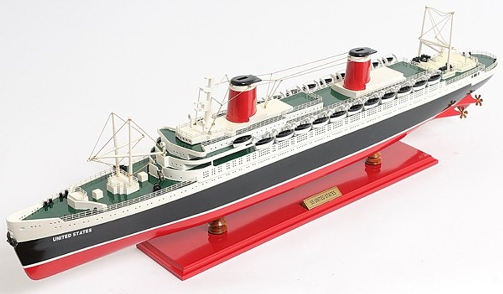 9" Black and Red Solid Wood Hand Painted SS United States 1952 Model Boat on a white background