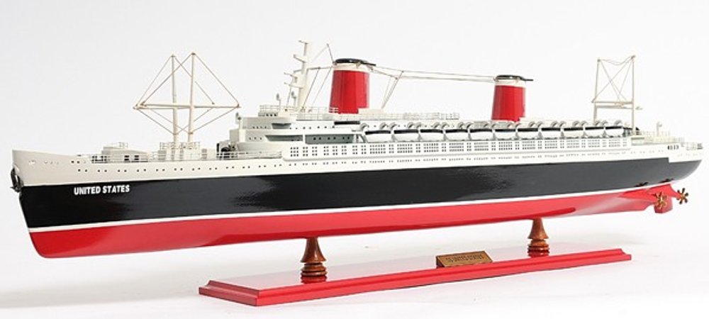 9" Black and Red Solid Wood Hand Painted SS United States 1952 Model Boat on a white background