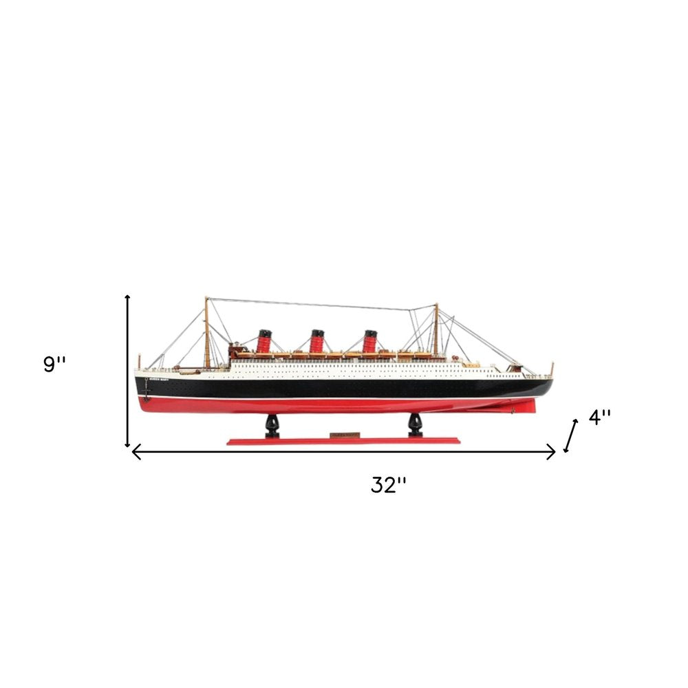 9" Black and Red Solid Wood Hand Painted SS United States 1952 Model Boat on a white background