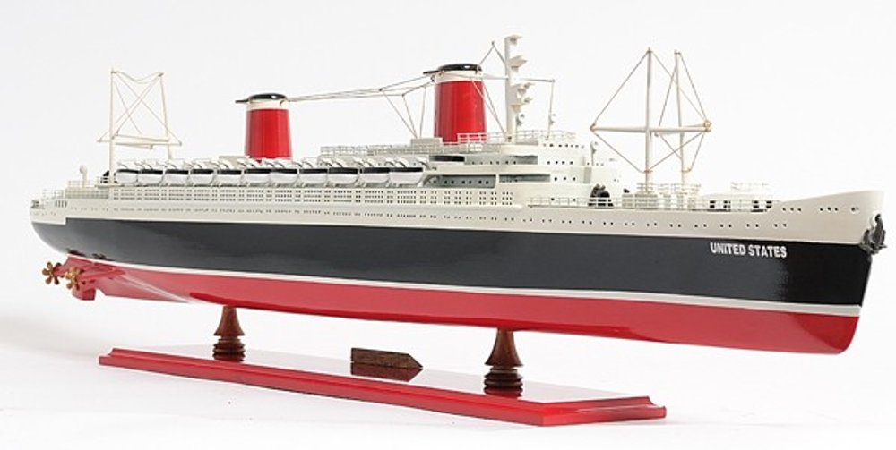 9" Black and Red Solid Wood Hand Painted SS United States 1952 Model Boat on a white background
