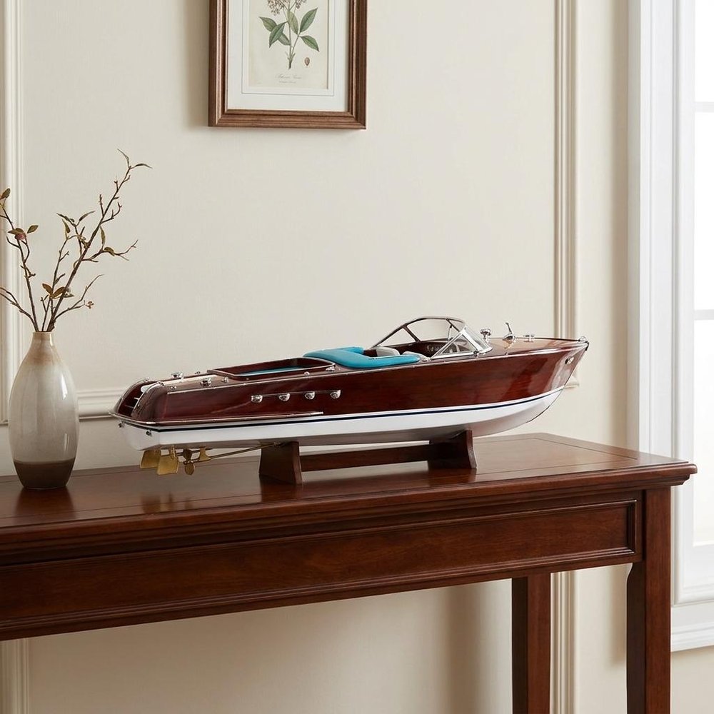 12" Wood Brown Riva Aquarama Half Hull Hand Painted Decorative Boat. Home product in brown wood.