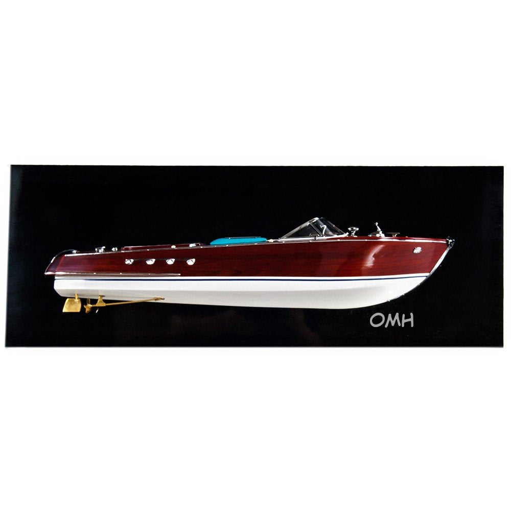 12" Wood Brown Riva Aquarama Half Hull Hand Painted Decorative Boat. Home product isolated on a plain white background, showing a brown wood surface.
