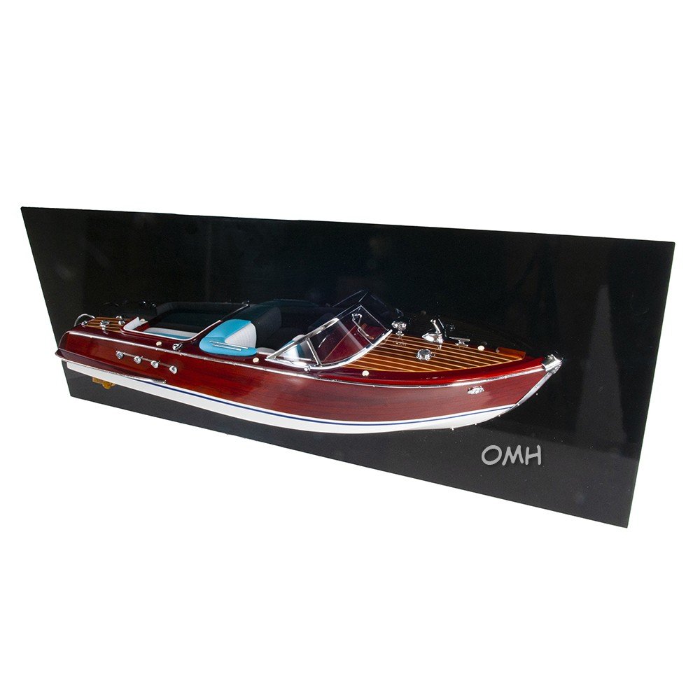 12" Wood Brown Riva Aquarama Half Hull Hand Painted Decorative Boat. Home product isolated on a plain white background, in a brown wood finish.