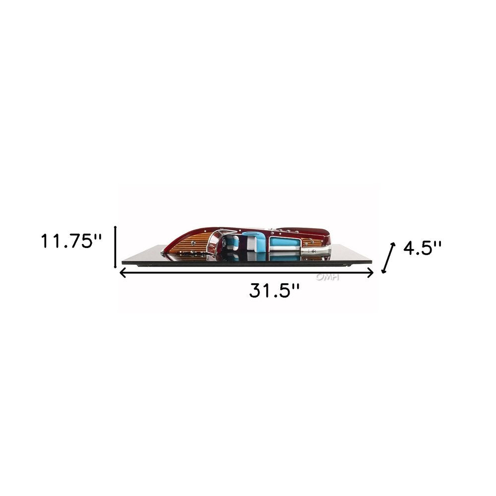 12" Wood Brown Riva Aquarama Half Hull Hand Painted Decorative Boat. Home product isolated on a plain white background, showing a wood surface.