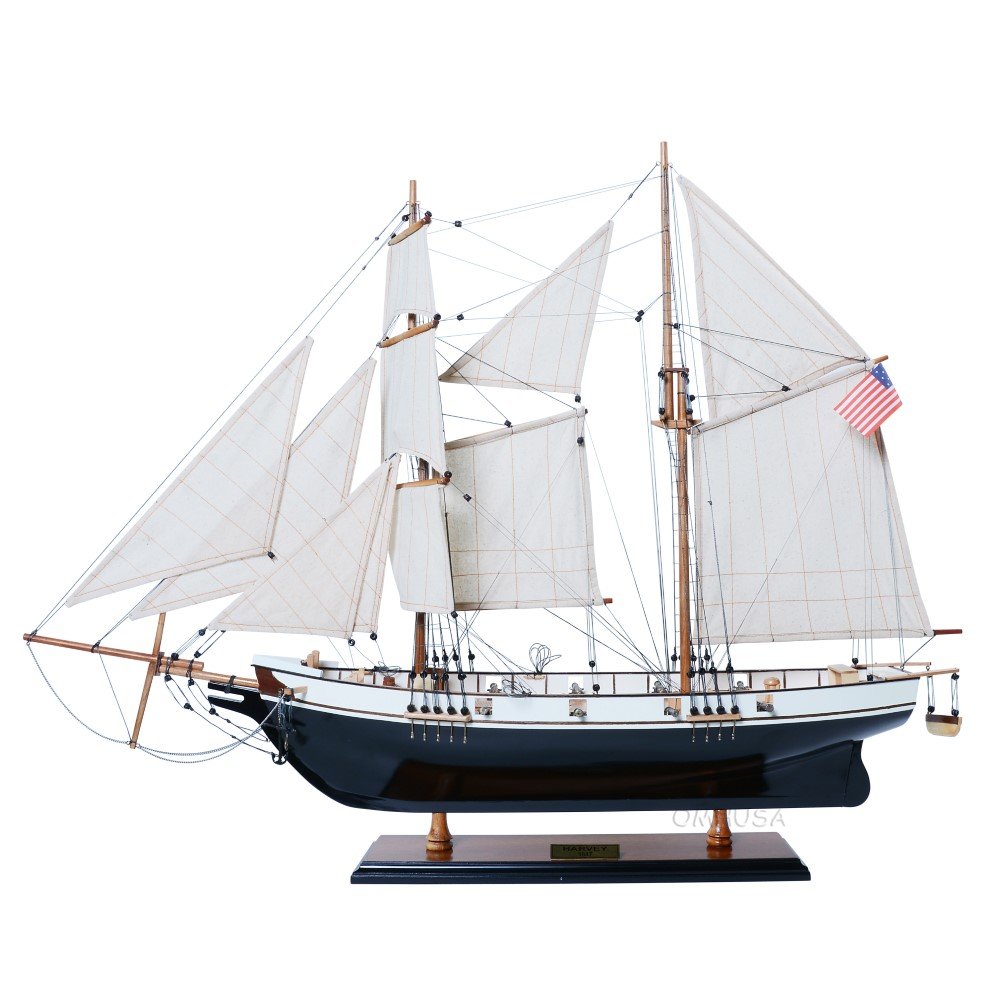 26" Black and White Solid Wood Hand Painted p-Oxybis(benzenesulfonyl hydrazide) Model Boat. Home product isolated on a plain white background, finished in white wood.