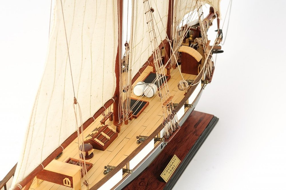 26" Black and White Solid Wood Hand Painted p-Oxybis(benzenesulfonyl hydrazide) Model Boat. Home product isolated on a plain white background, finished in white wood.