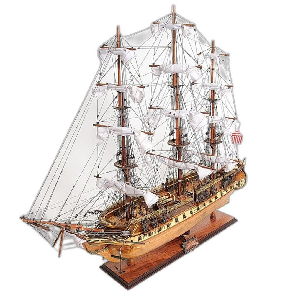 32" Brown Solid Wood Hand Painted Boat Model Boat. Home product isolated on a plain white background, finished in brown wood.