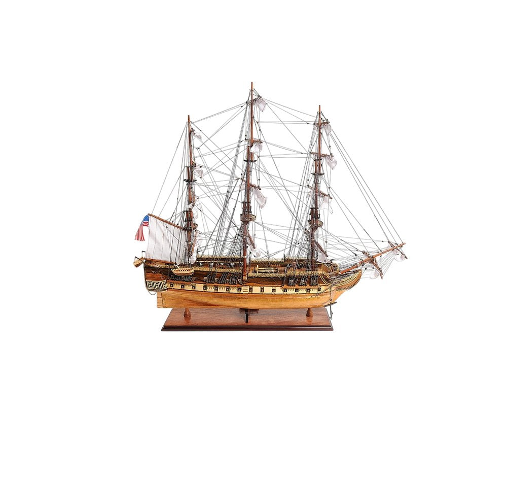 32" Brown Solid Wood Hand Painted Boat Model Boat. Home product isolated on a plain white background, in a brown wood finish.