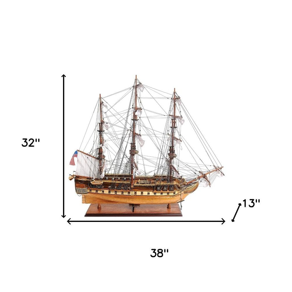 32" Brown Solid Wood Hand Painted Boat Model Boat. Home product isolated on a plain white background, in a brown wood finish.