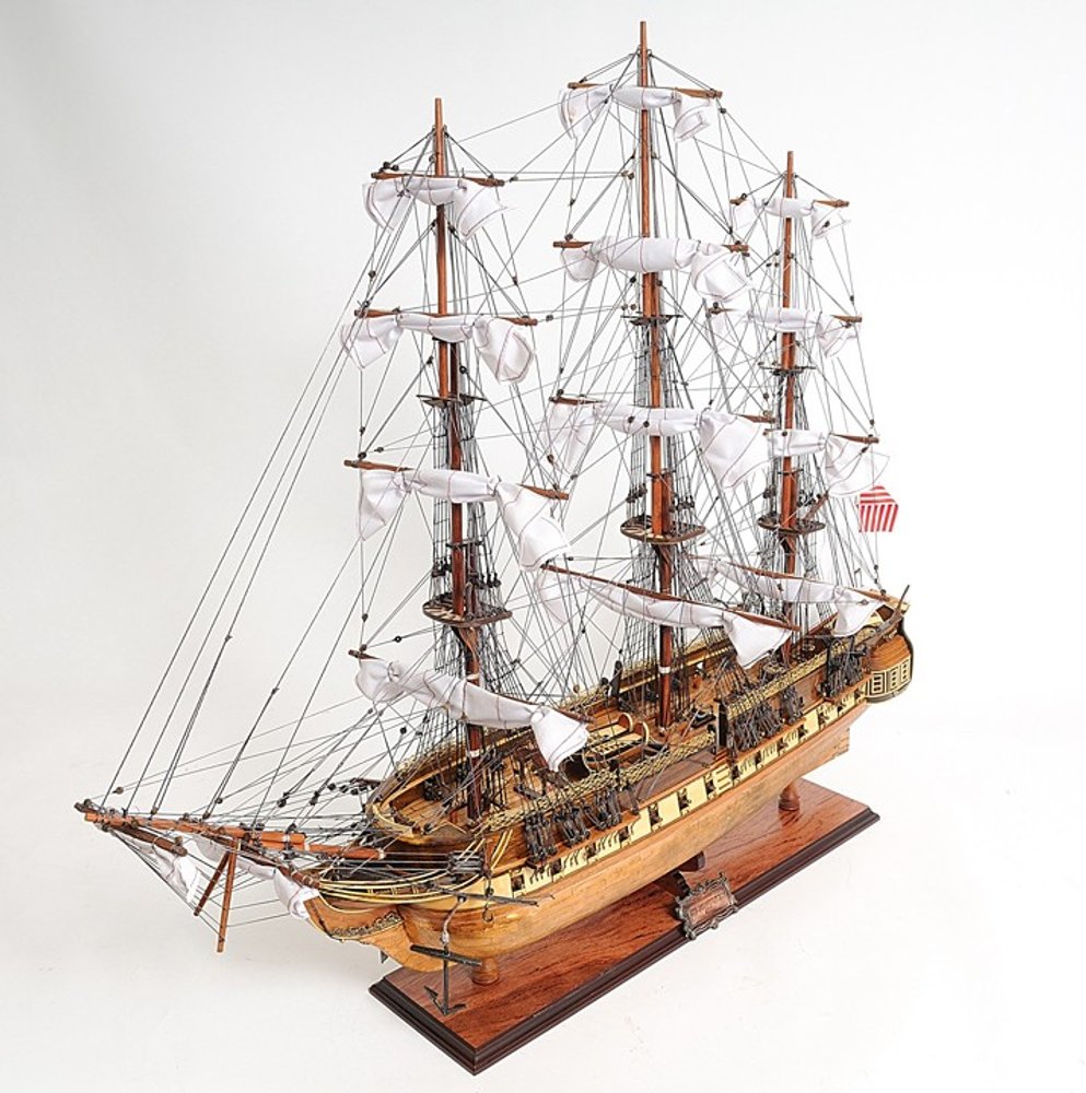 32" Brown Solid Wood Hand Painted Boat Model Boat. Home product isolated on a plain white background, in a brown wood finish.