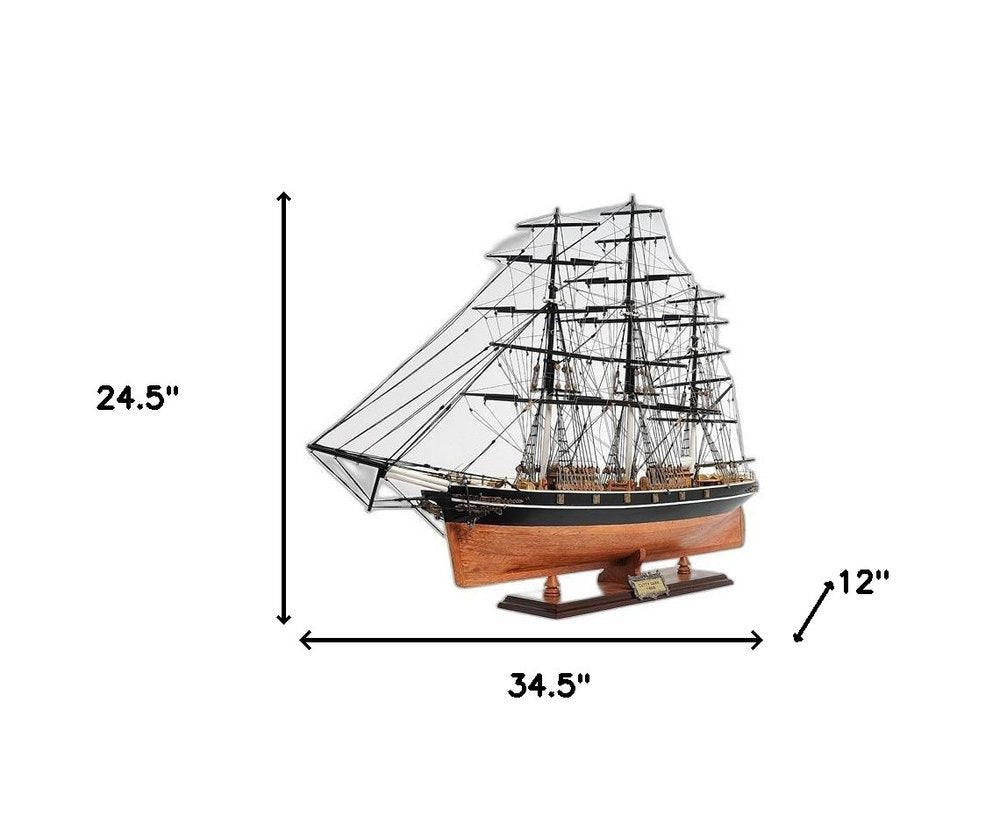 25" Brown And Black Solid Wood Hand Painted Boat Model Boat