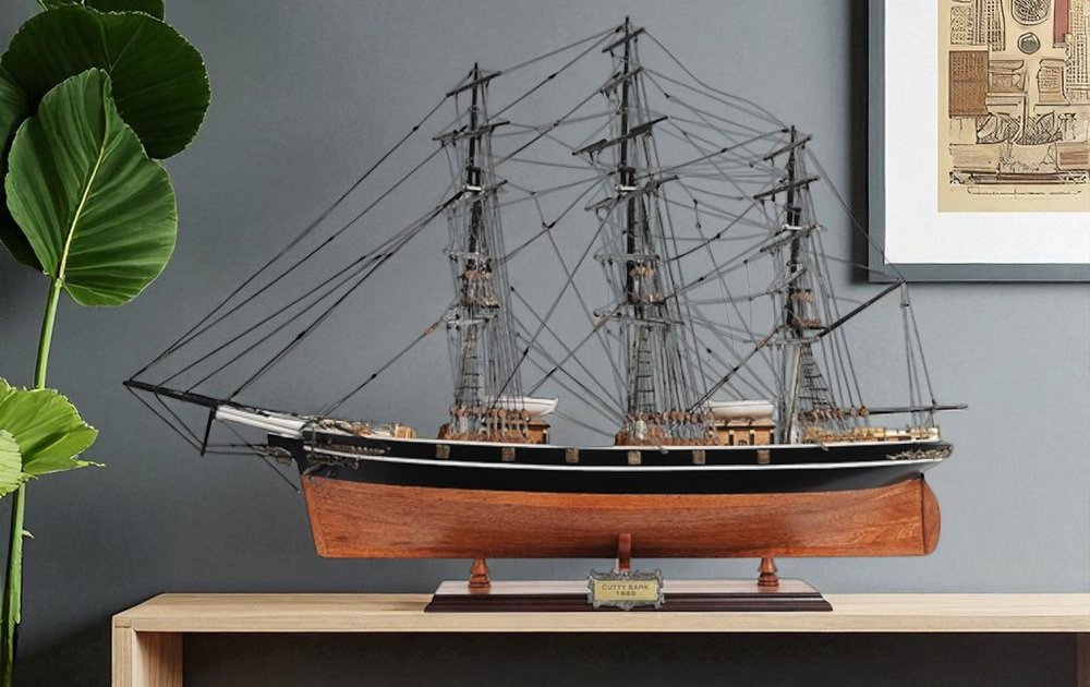 25" Brown And Black Solid Wood Hand Painted Boat Model Boat