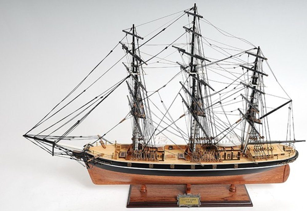 25" Brown And Black Solid Wood Hand Painted Boat Model Boat