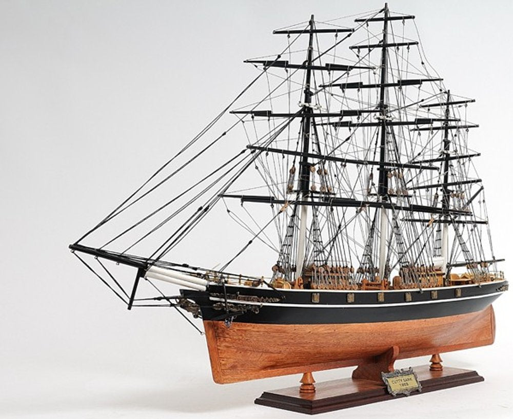 25" Brown And Black Solid Wood Hand Painted Boat Model Boat