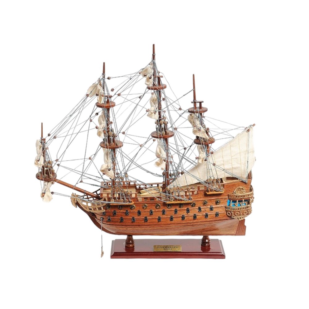 18" Wood Brown Solid Wood Hand Painted San Felipe 1690 Small Model Boat. Home product isolated on a plain white background, showing a brown wood surface.