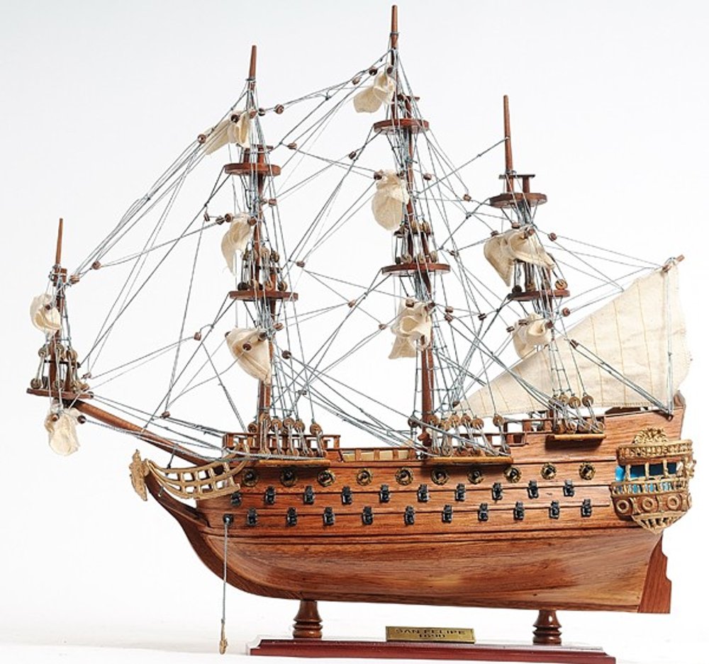 18" Wood Brown Solid Wood Hand Painted San Felipe 1690 Small Model Boat. Home product isolated on a plain white background, in a brown wood finish.