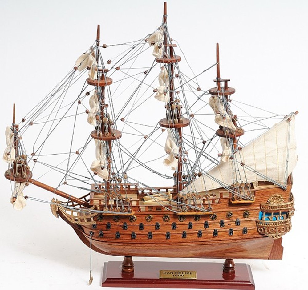 18" Wood Brown Solid Wood Hand Painted San Felipe 1690 Small Model Boat. Home product isolated on a plain white background, in a brown wood finish.
