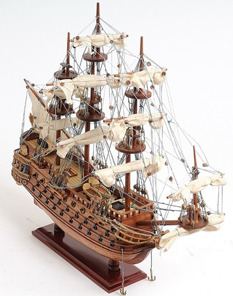 18" Wood Brown Solid Wood Hand Painted San Felipe 1690 Small Model Boat. Home product isolated on a plain white background, showing a brown wood surface.