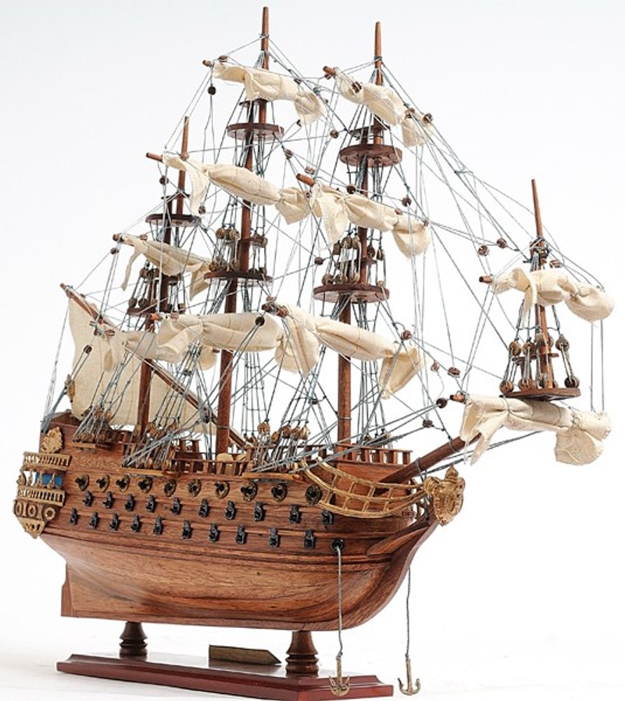 18" Wood Brown Solid Wood Hand Painted San Felipe 1690 Small Model Boat. Home product isolated on a plain white background, finished in brown wood.