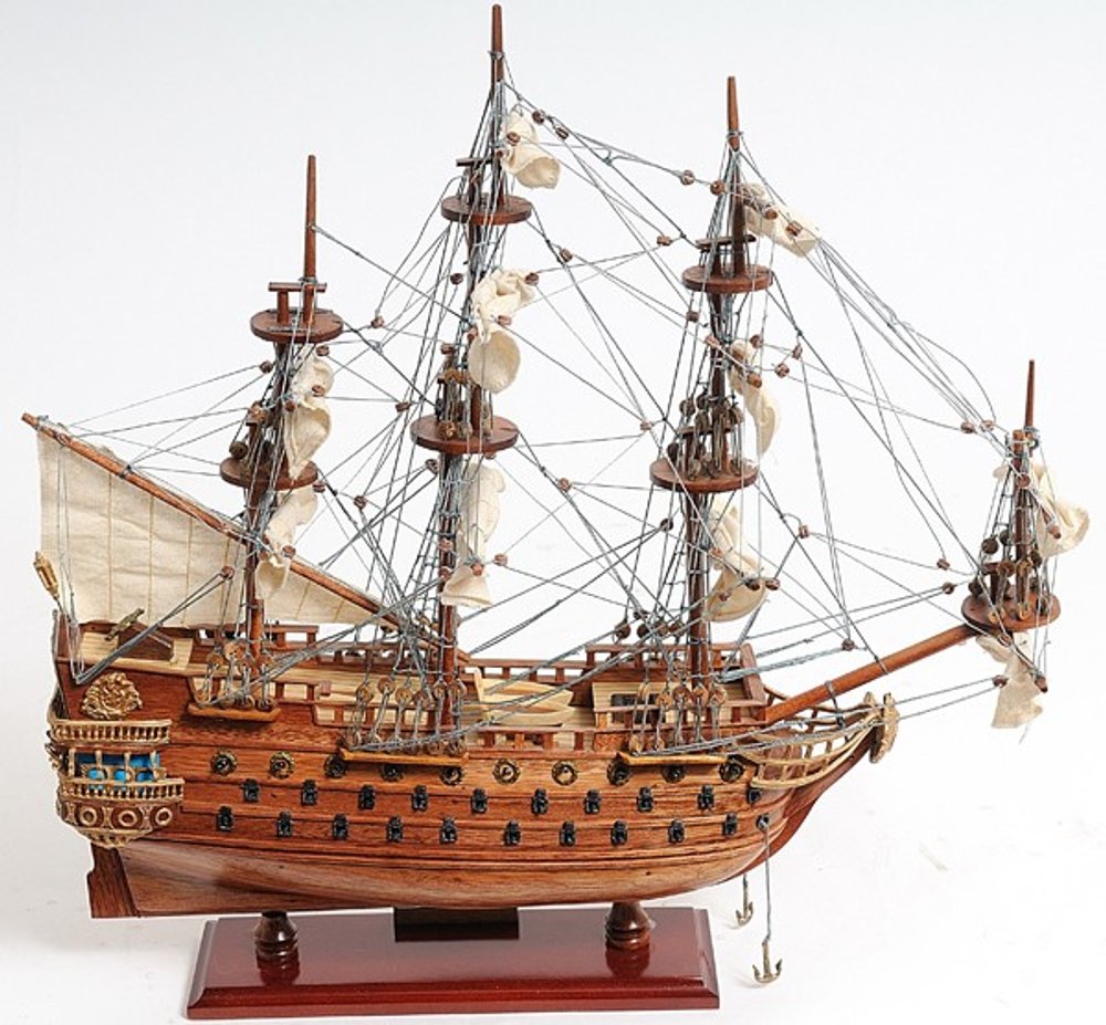 18" Wood Brown Solid Wood Hand Painted San Felipe 1690 Small Model Boat. Home product isolated on a plain white background, showing a brown wood surface.
